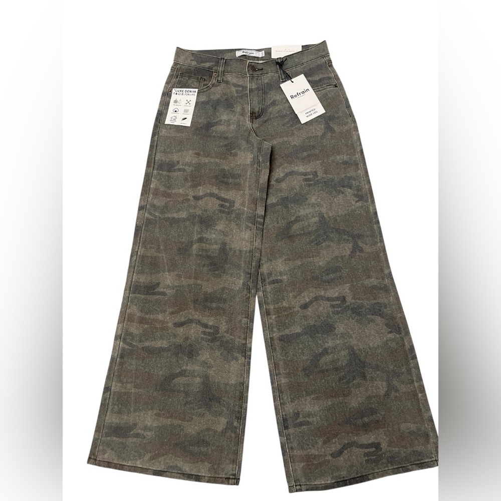 Refrain Los Angeles Green Camo Wide Leg Luxe Denim Jeans women’s size 5/27 New